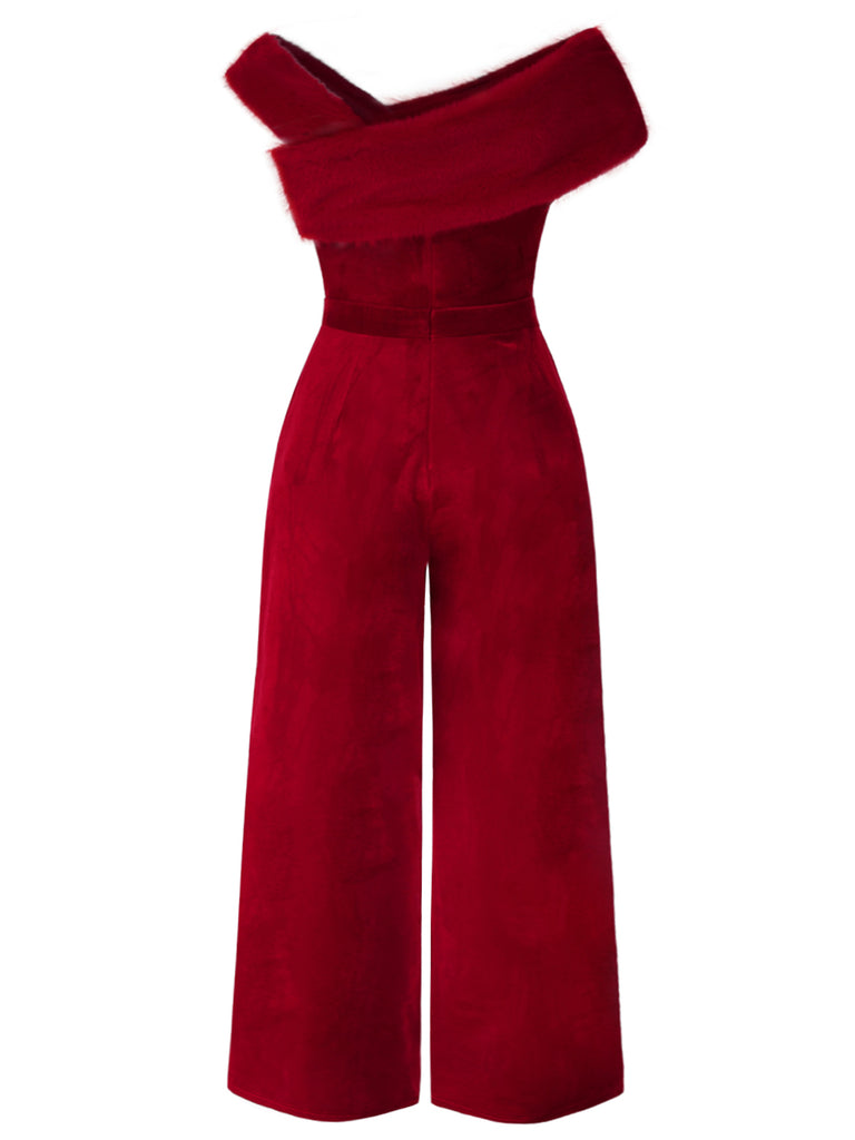Red 1950s Velvet Off Shoulder Button Jumpsuit: timeless 1950s elegance she makes her own