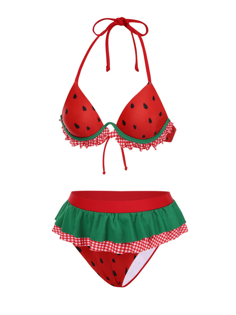 Red 1950s Watermelon Ruffled Bikini Set - vintage fashion, retro style, elegant red