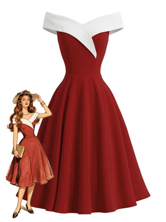 Red off-shoulder dress with white top on a white background