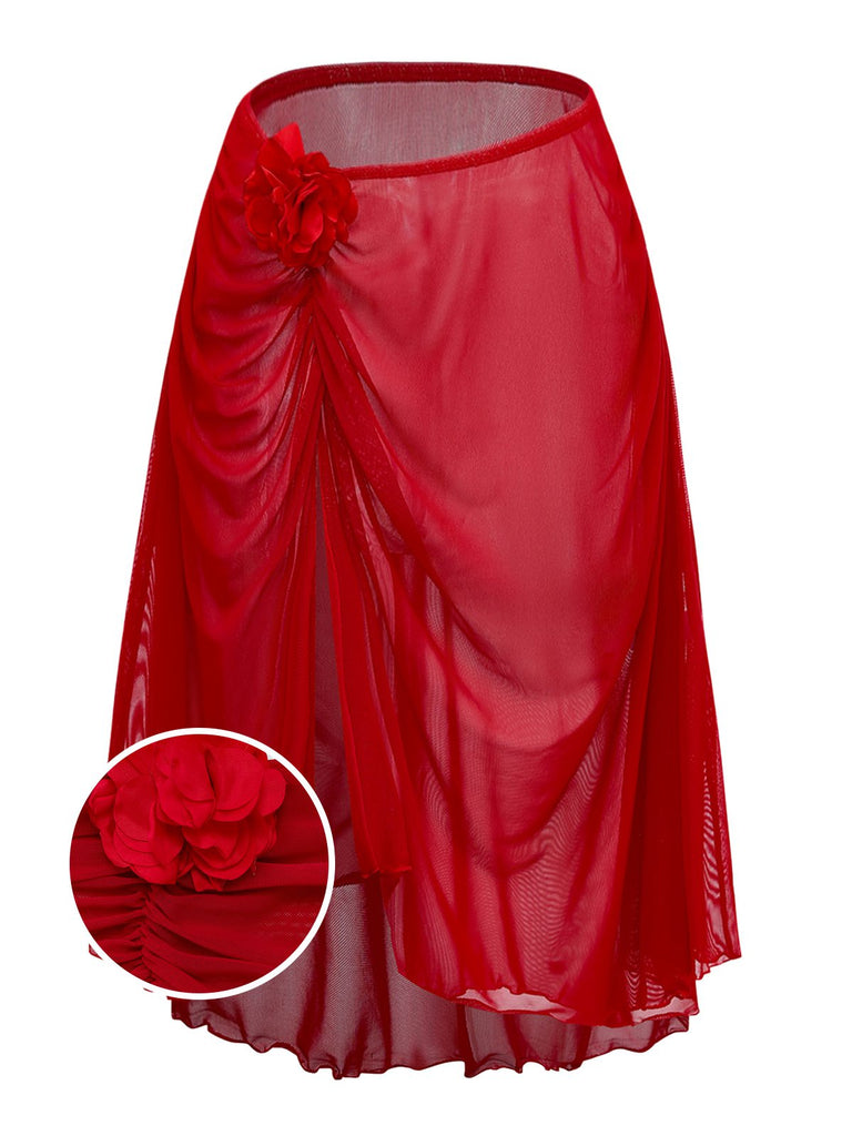 Red 1960s 3D Floral Mesh High-Low Cover-Up - vintage fashion, retro style, elegant red