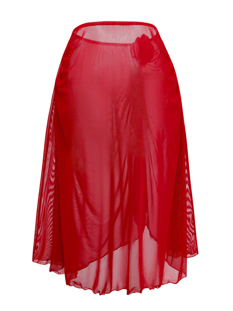 Red 1960s 3D Floral Mesh High-Low Cover-Up - vintage fashion, retro style, elegant red