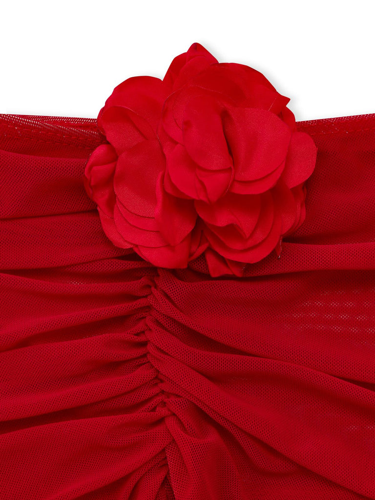 Red 1960s 3D Floral Mesh High-Low Cover-Up - vintage fashion, retro style, elegant red