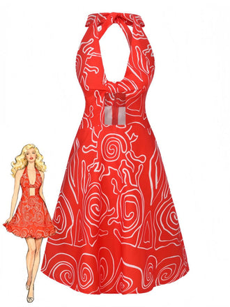 Red 1960s Abstract Print Cutout Twist Halter Dress - vintage dress, retro fashion, elegant red
