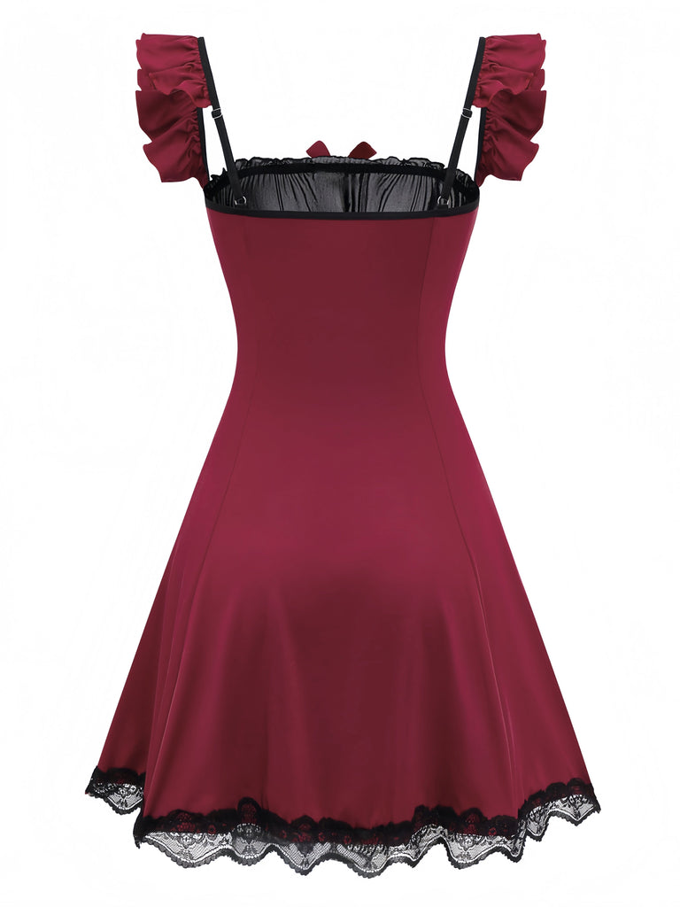 Red 1960s Bow Lace Patchwork Ruffled Nightgown - vintage nightgown, retro sleepwear, elegant red