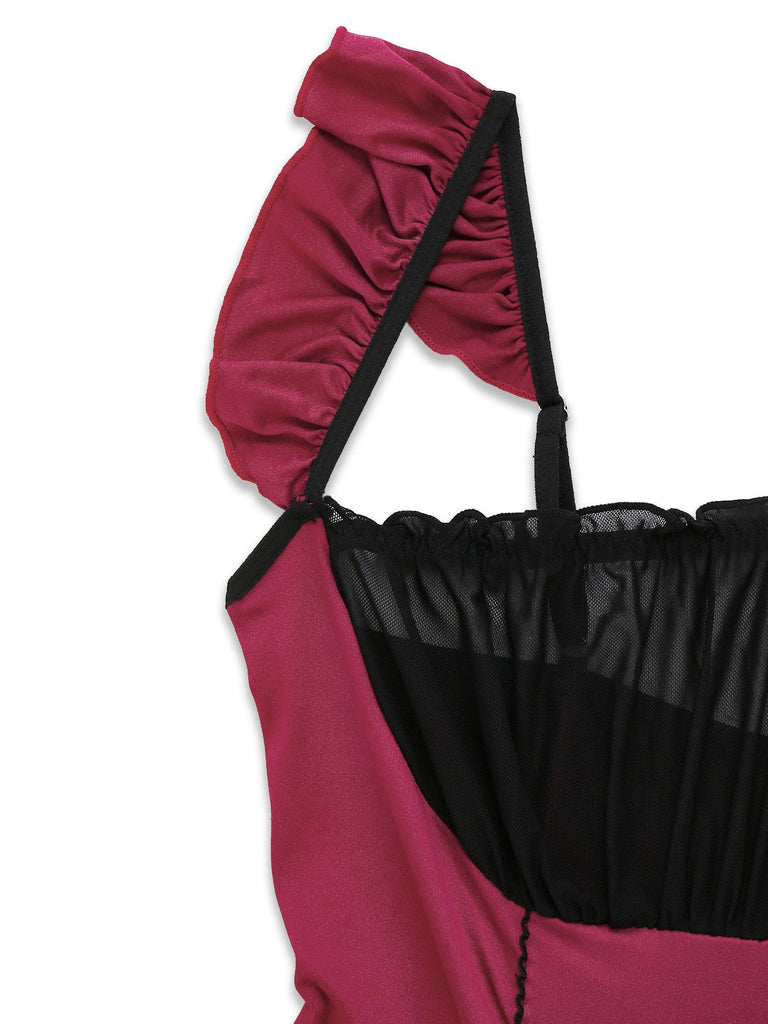 Red 1960s Bow Lace Patchwork Ruffled Nightgown - vintage nightgown, retro sleepwear, elegant red