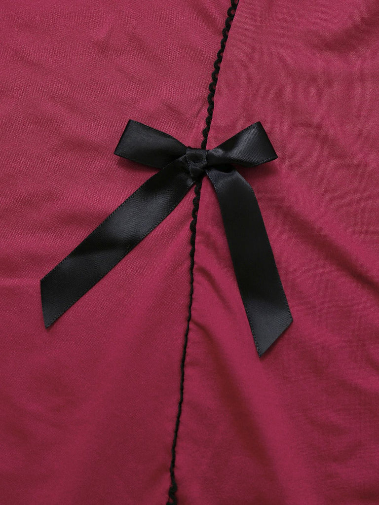 Red 1960s Bow Lace Patchwork Ruffled Nightgown - vintage nightgown, retro sleepwear, elegant red