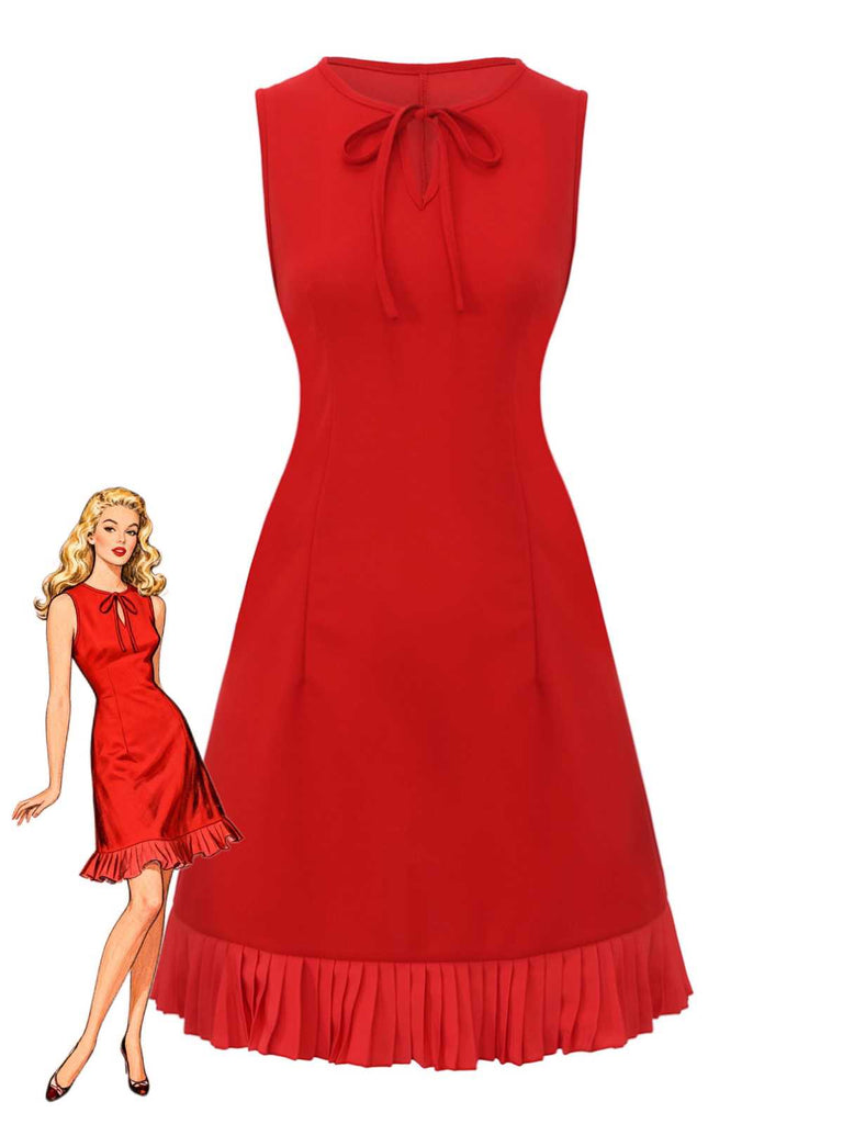 Red 1960s Bow Neck Ruffle Hem Sleeveless Dress - vintage dress, retro fashion, elegant red