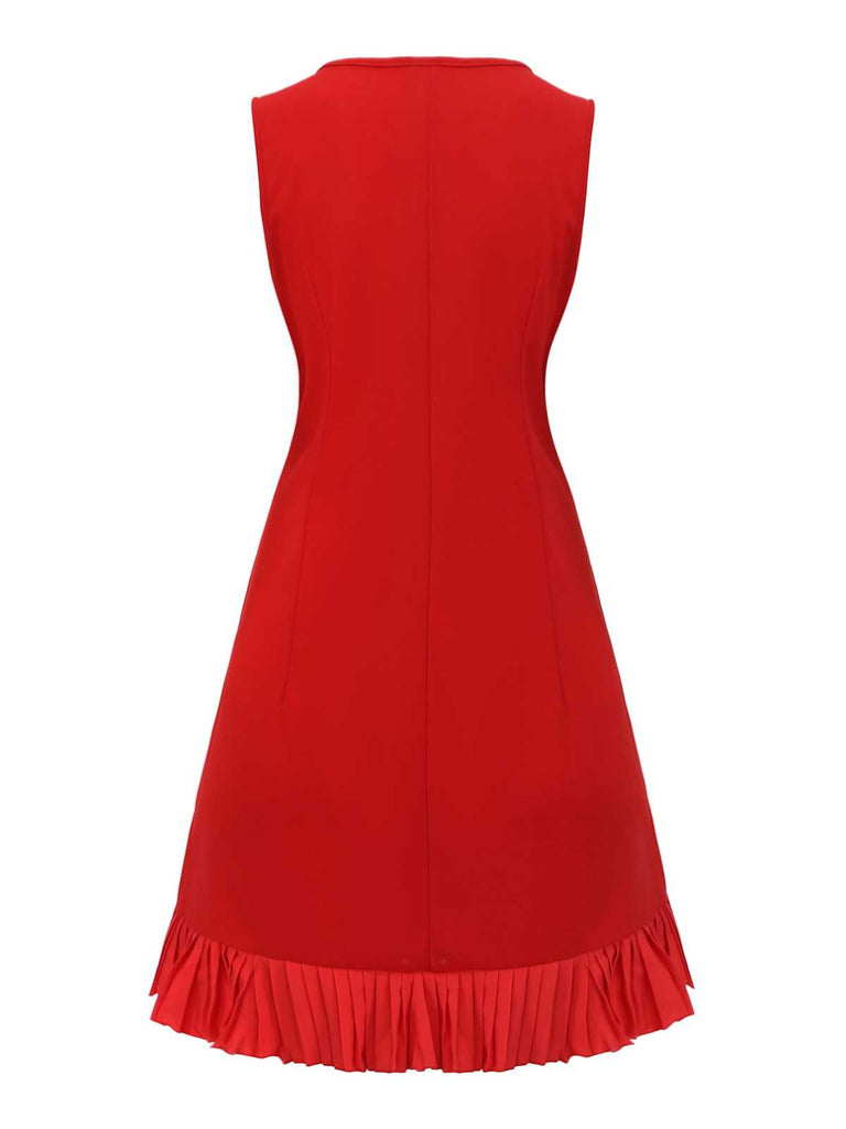 Red 1960s Bow Neck Ruffle Hem Sleeveless Dress - vintage dress, retro fashion, elegant red