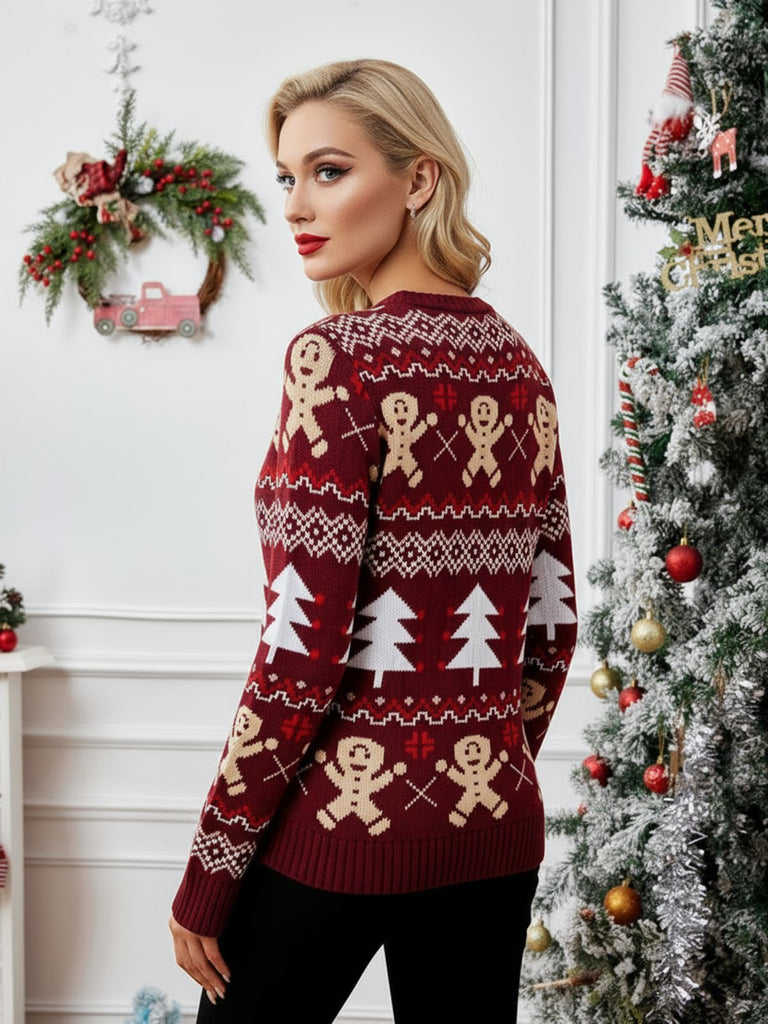 Red 1960s Christmas Tree & Gingerbread Sweater - vintage fashion, retro style, elegant red