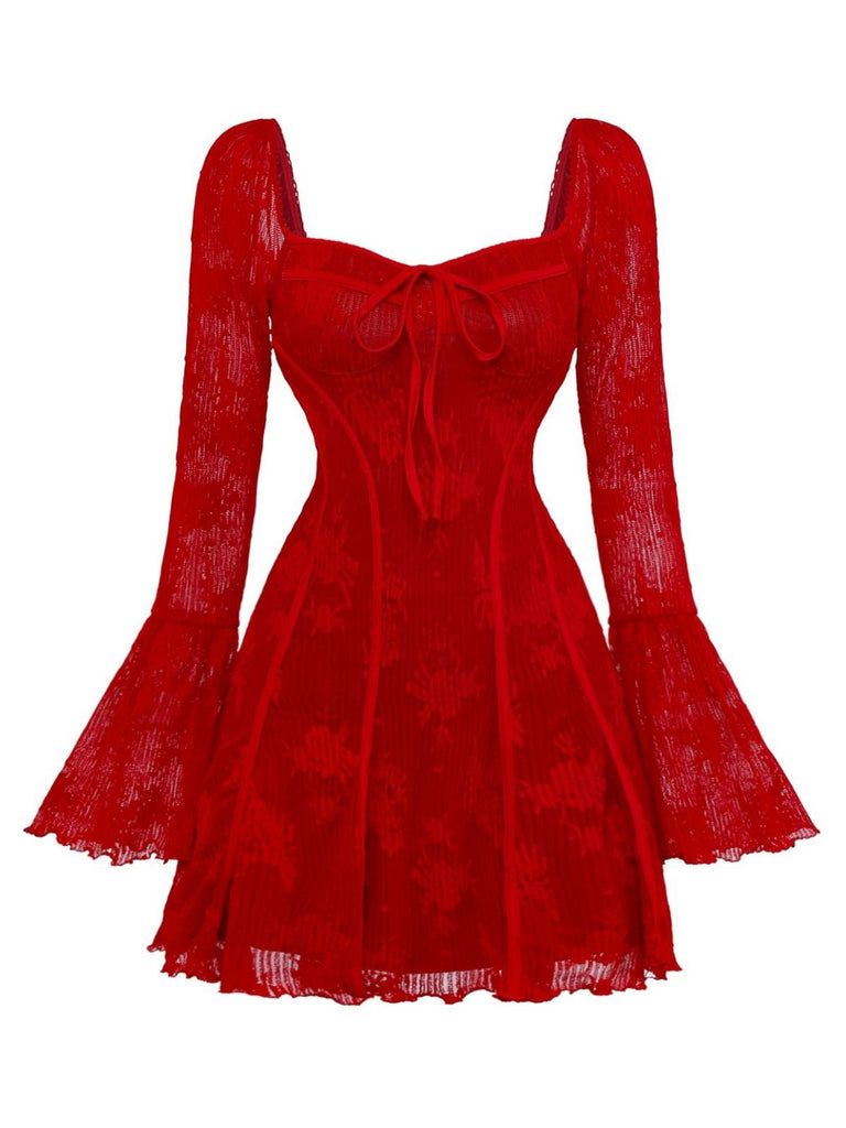 Red 1960s Floral Bow Bell-Sleeve Knit Dress - vintage dress, retro fashion, elegant red