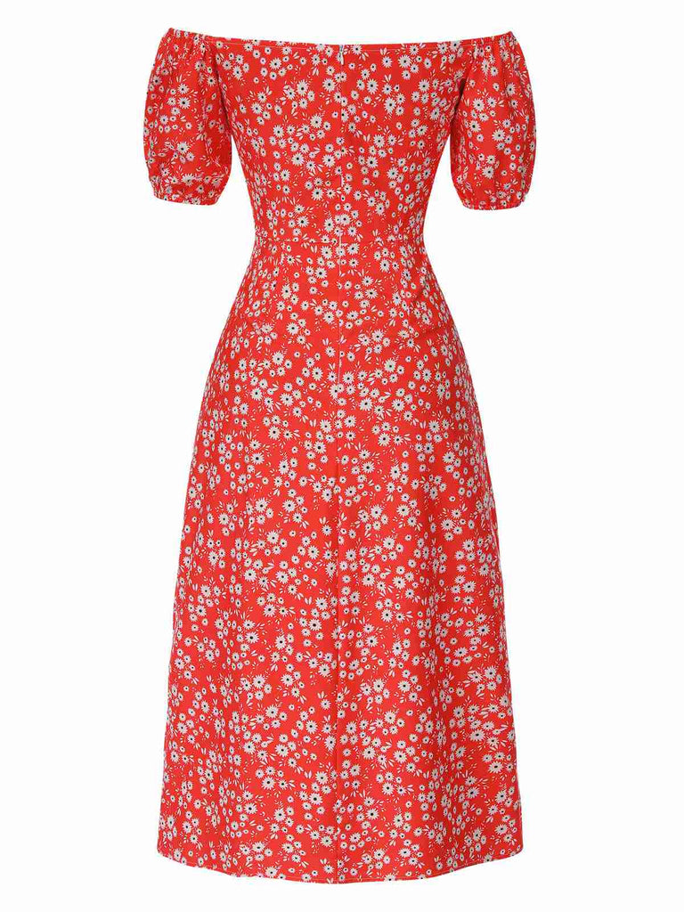 Red 1960s Floral Off-Shoulder Side Slit Dress, vintage dress, retro fashion, floral print - perfect for women who love vintage and retro fashion