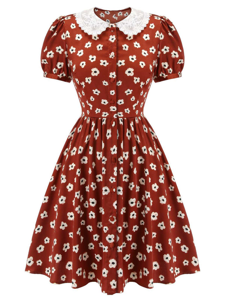 Red 1960s Floral Puff Sleeve Flared Dress — vintage elegance for the modern woman