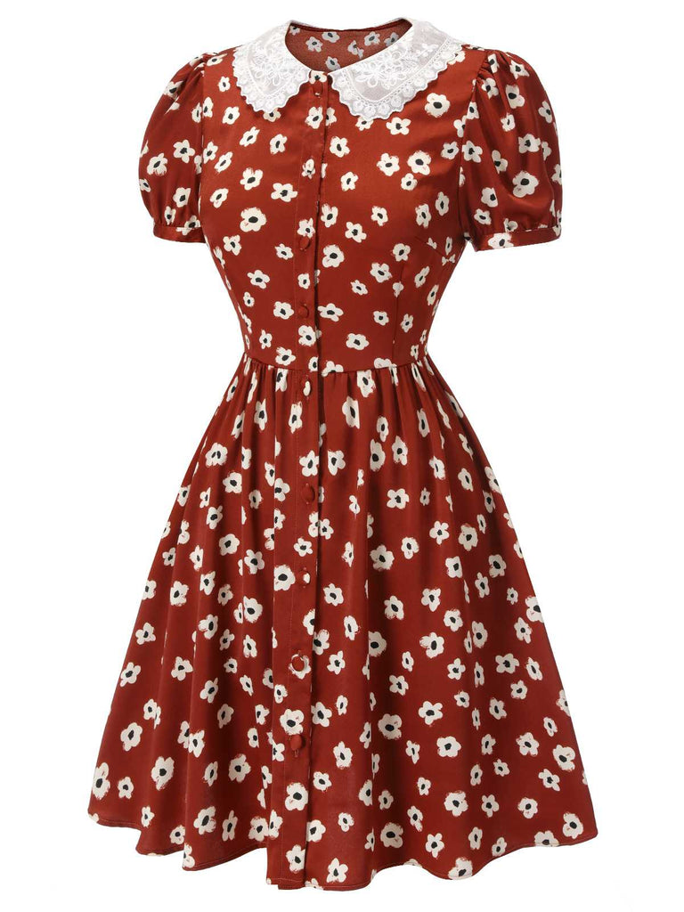 Red 1960s Floral Puff Sleeve Flared Dress: timeless style reimagined