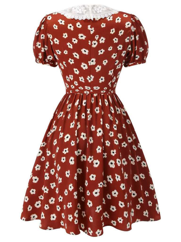 Red 1960s Floral Puff Sleeve Flared Dress — vintage elegance for the modern woman
