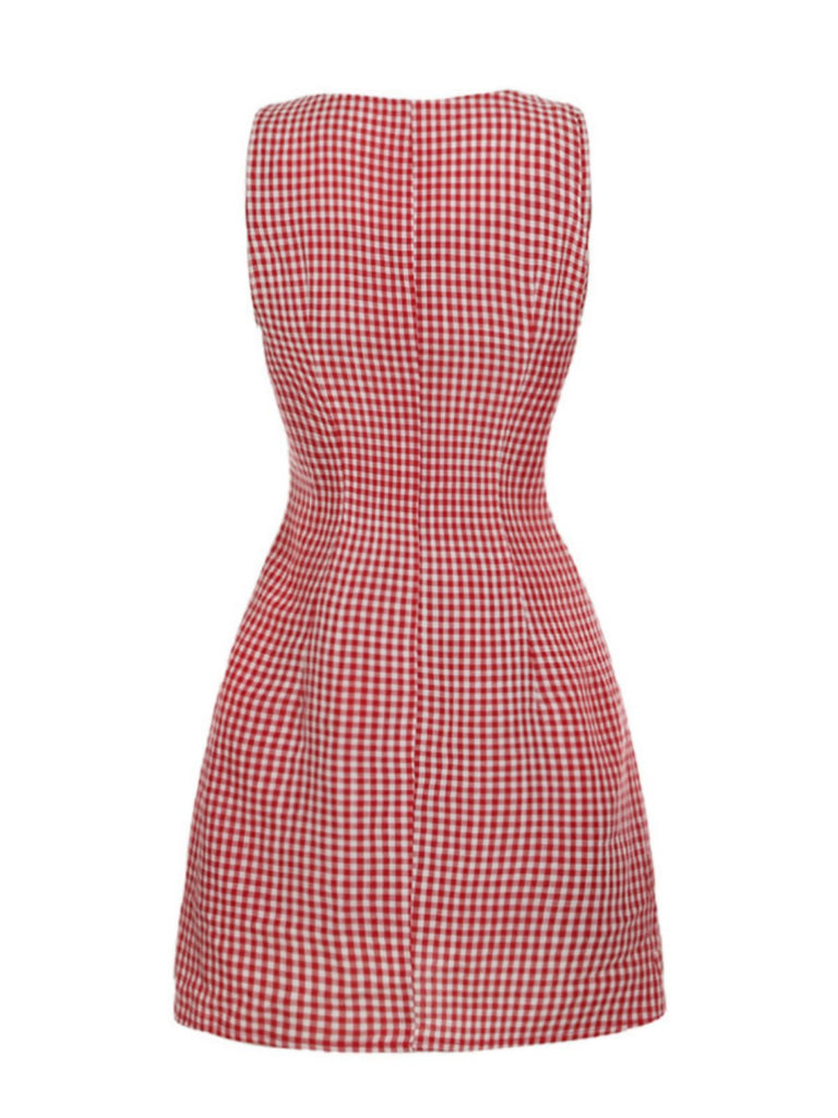 Red 1960s Gingham Plaid Button Sleeveless Dress - vintage dress, retro fashion, elegant red