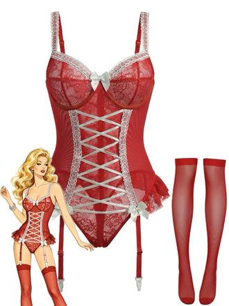 Red 1960s Lace Bow Corset Lingerie With Stocking - vintage fashion, retro style, elegant red