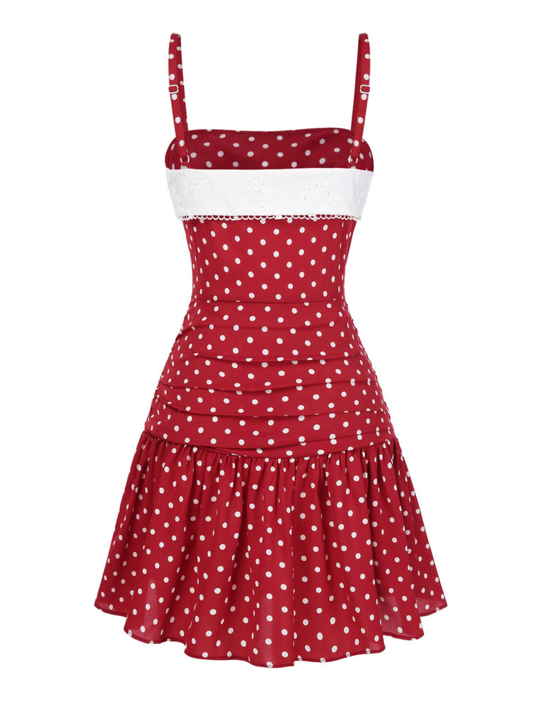 Red 1960s Lace Patchwork Polka Dots Pleated Dress - vintage dress, retro fashion, elegant red