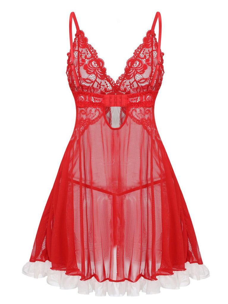 Red 1960s Lace Slip Nightgown Set - vintage nightgown, retro sleepwear, elegant red