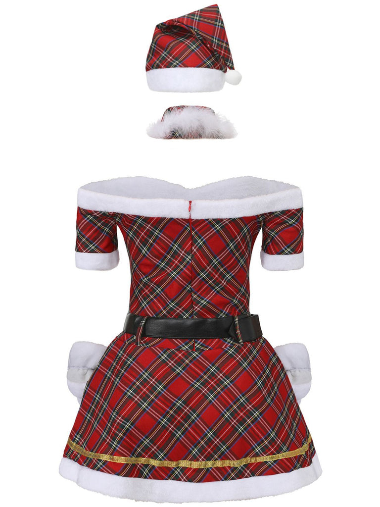 Red 1960s Off-Shoulder Plaid Christmas Dress Set - vintage dress, retro fashion, elegant red