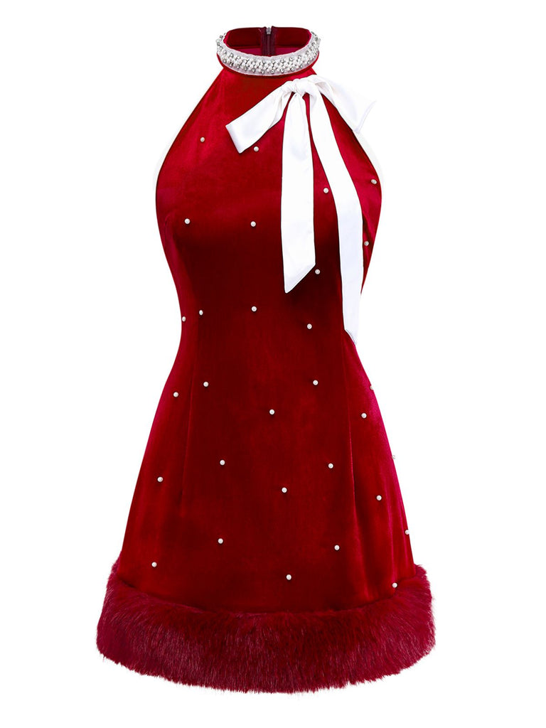 Red 1960s Pearl Fringe Christmas Velvet Dress - vintage dress, retro fashion, elegant red