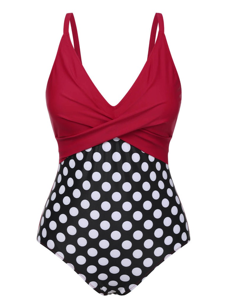 She's wearing Red 1960s Polka Dot Patchwork Swimsuit and the whole beach remembers the 1960s