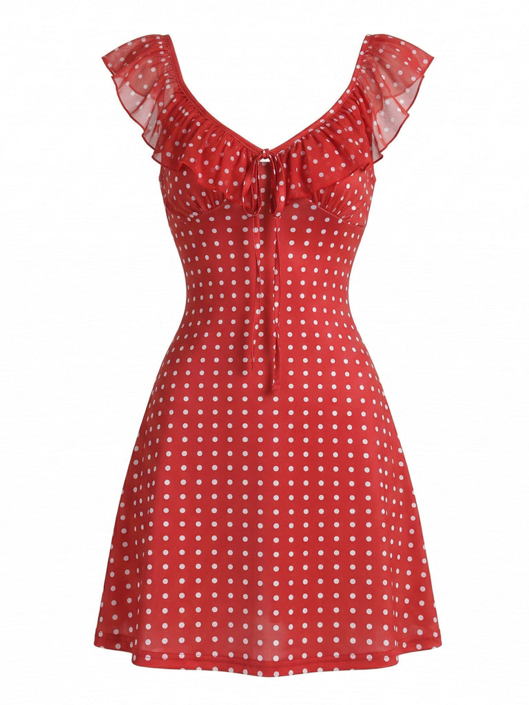 Red 1960s V-Neck Ruffle Swing Dress 2