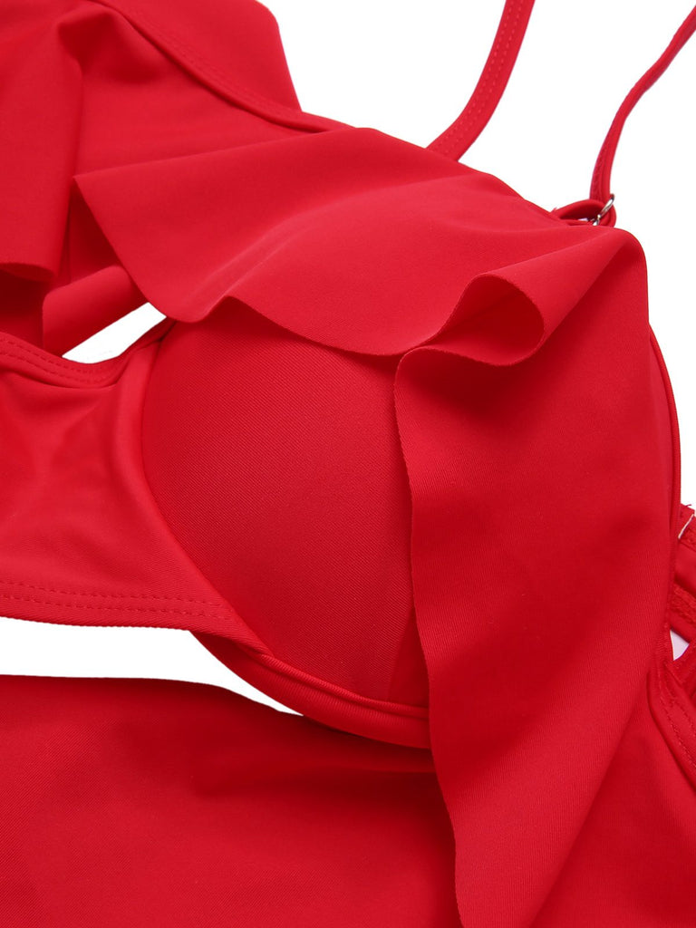 Red 1960s Ruffle Sleeves Tropical Plant Swimsuit — because 1960s glamour never goes out of style