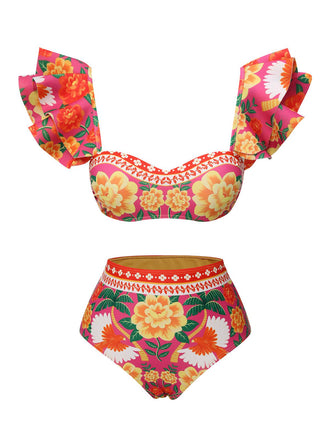 She's wearing Red 1960s Ruffles Sleeves Flowers Swimsuit and the whole beach remembers the 1960s