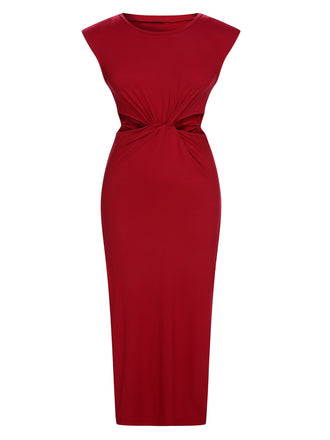 She slips into this Red 1960s Solid Cutout Twist Slit Dress and suddenly it's a 1960s daydream