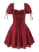 Red 1960s Solid Puff Sleeve Lace-up Dress - vintage dress, retro fashion, elegant red