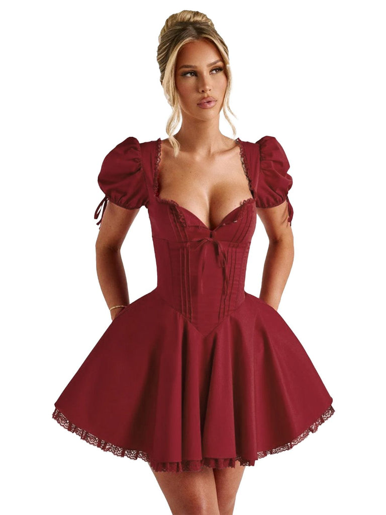 Red 1960s Solid Puff Sleeve Lace-up Dress - vintage dress, retro fashion, elegant red
