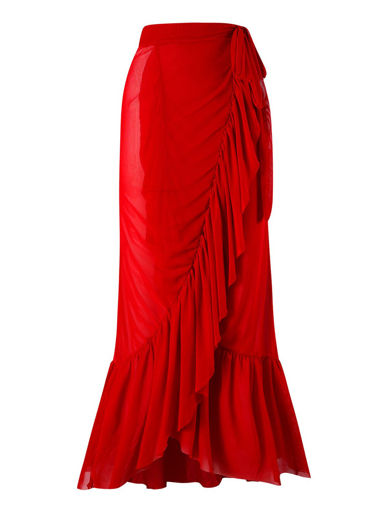 2PCS Red 1960s Solid 3D Flowers Swimsuit & Cover-Up — because 1960s glamour never goes out of style
