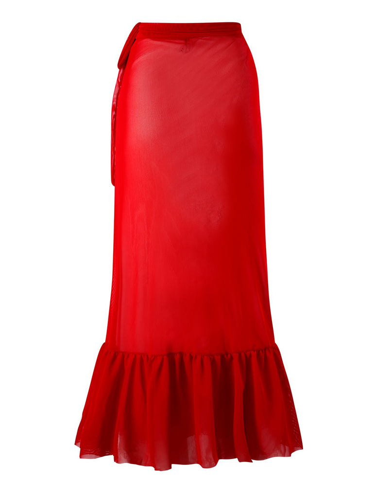 2PCS Red 1960s Solid 3D Flowers Swimsuit & Cover-Up — 1960s poolside glamour meets sun-drenched confidence