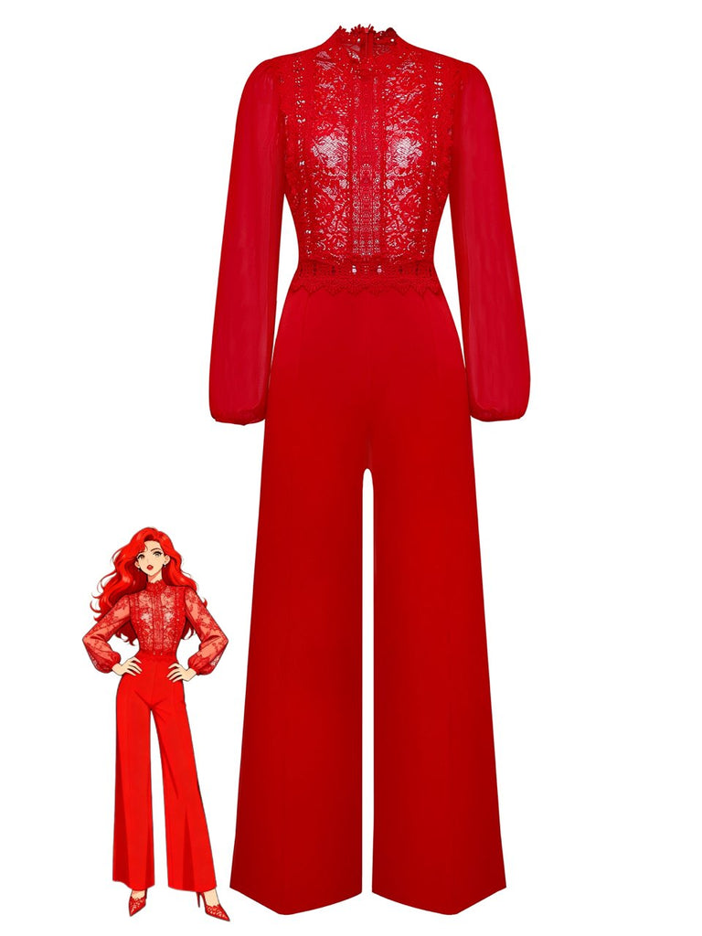 Red 1960s Solid Sheer Lace Long Sleeve Jumpsuit - vintage jumpsuit, retro fashion, elegant red