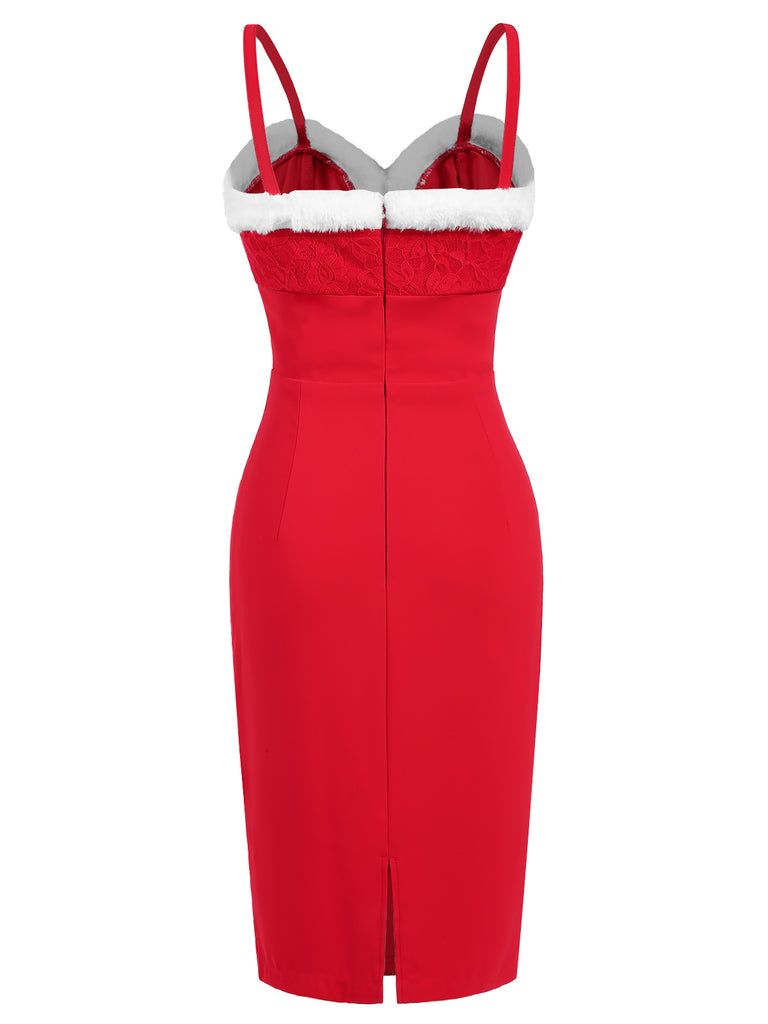 Red 1960s Spaghetti Strap Christmas Plush Lace Dress, vintage dress, retro fashion, lace detail - perfect for women who love vintage and retro fashion