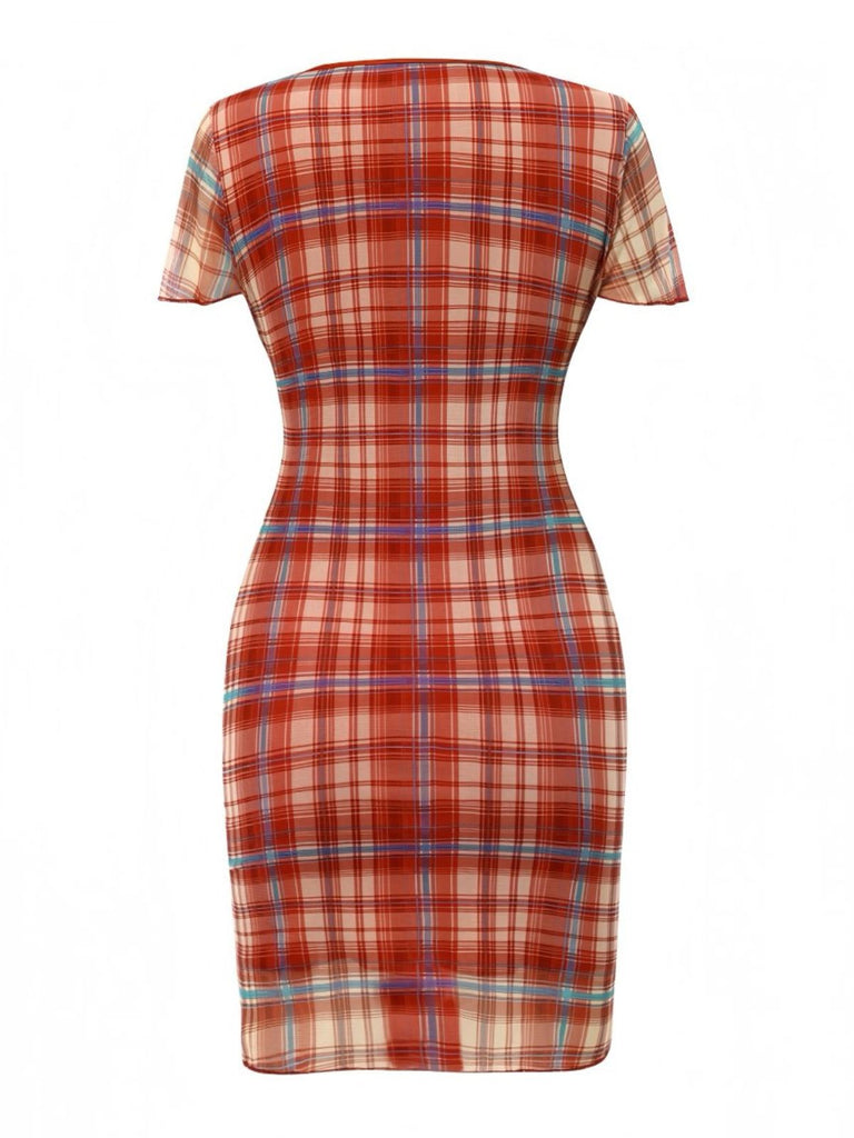 Red 1960s V-Neck Bow Plaid Pencil Dress: where 1960s romance meets her modern spirit