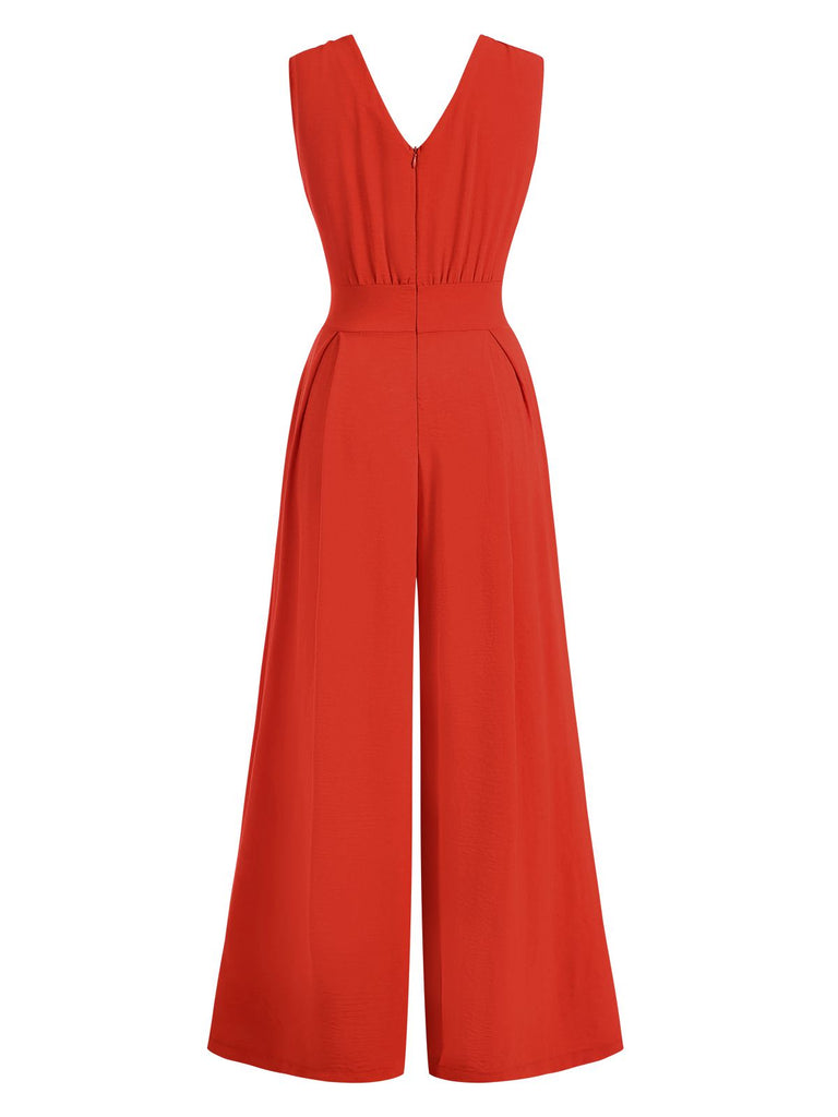Red 1960s V-Neck Sleeveless Wide Leg Jumpsuit: timeless 1960s elegance she makes her own