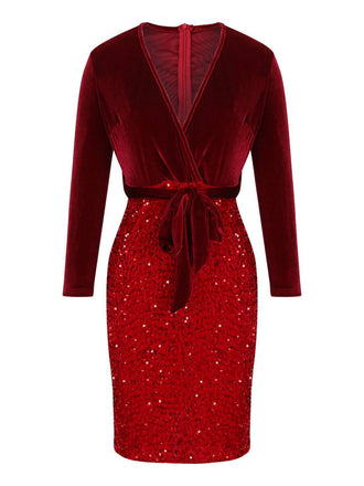 Red 1960s Velvet Sequined Patchwork Pencil Dress, vintage dress, retro fashion - perfect for women who love vintage and retro fashion