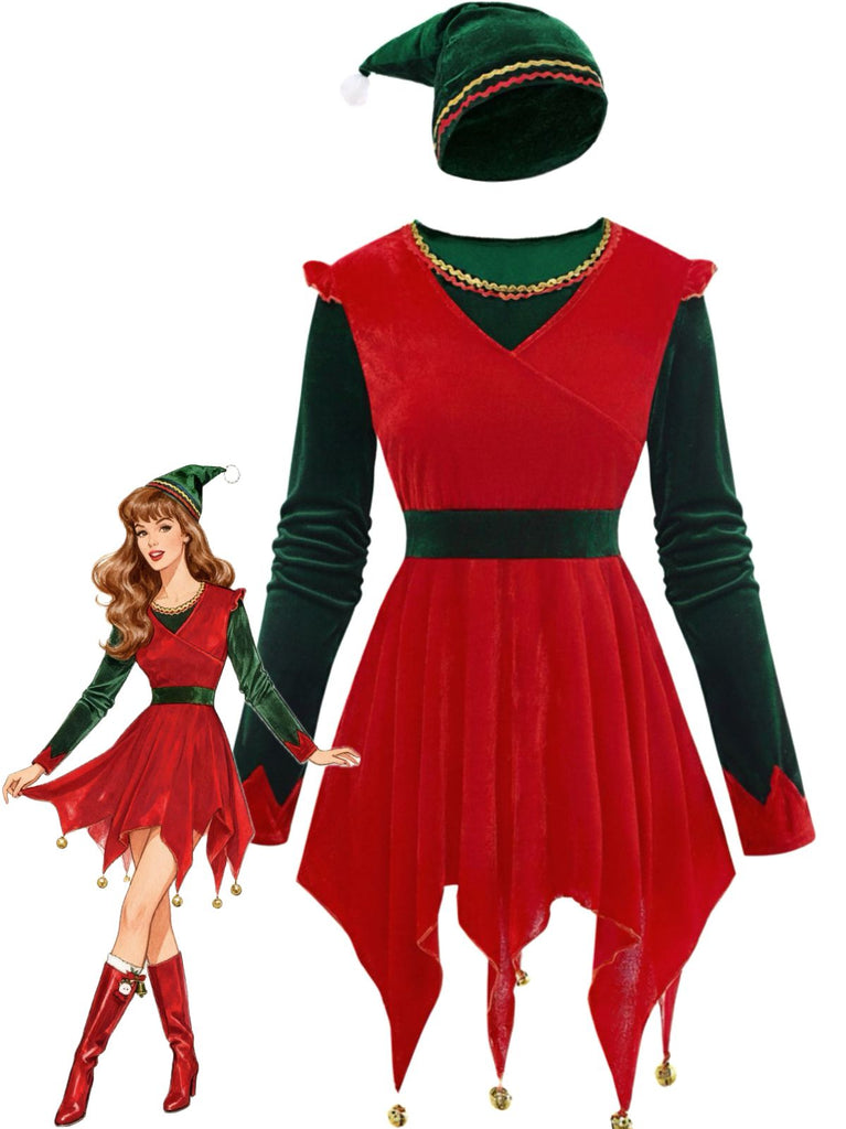 Red 1970s Christmas Elf Jovie Dress Set - vintage dress, retro fashion, elegant red