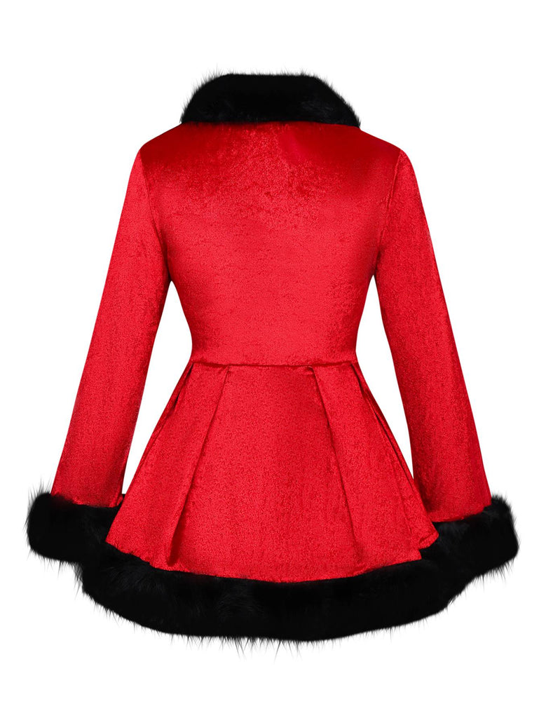 Red 1970s Christmas Fur-Trim Lace Up Velvet Dress - vintage dress, retro fashion, elegant red