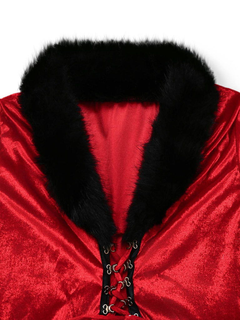 Red 1970s Christmas Fur-Trim Lace Up Velvet Dress - vintage dress, retro fashion, elegant red