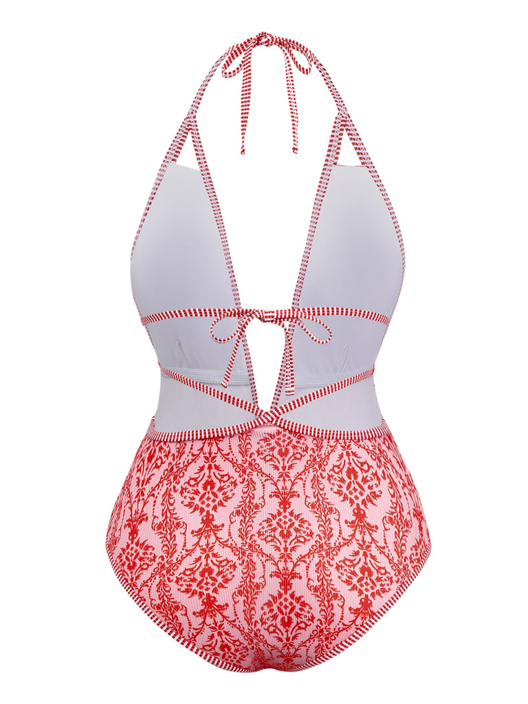 Red 1970s Deep V-Neck Halter Baroque Prints Swimsuit: 1970s Riviera elegance, reimagined for her