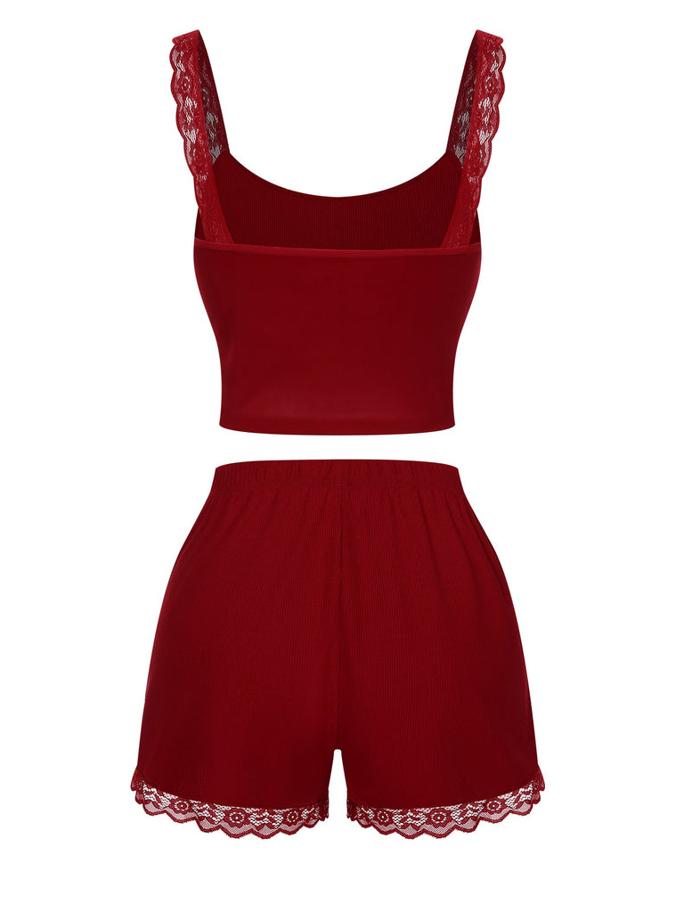 Red 1970s Lace Trimmed Straps Pajamas, vintage pajamas, retro nightwear - perfect for women who love vintage and retro fashion