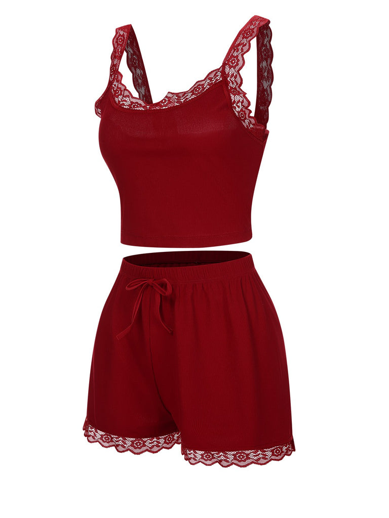 Red 1970s Lace Trimmed Straps Pajamas, vintage pajamas, retro nightwear - perfect for women who love vintage and retro fashion
