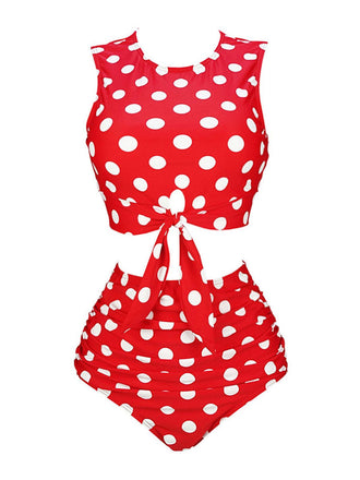Red 1970s Polka Dots Waist Tie Swimsuit, vintage swimsuit, pin-up swimwear - perfect for women who love vintage and retro fashion
