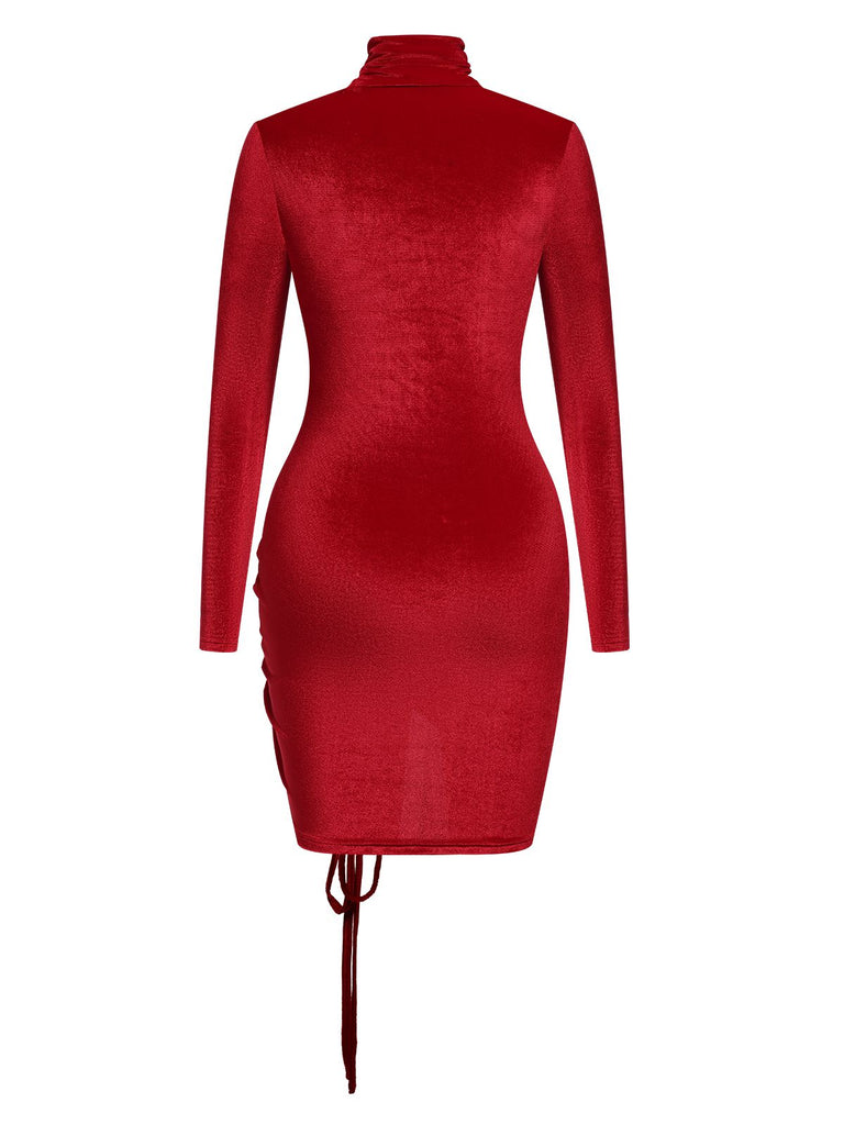 Red 1970s Solid Long Sleeves Velvet Dress, vintage dress, retro fashion - perfect for women who love vintage and retro fashion