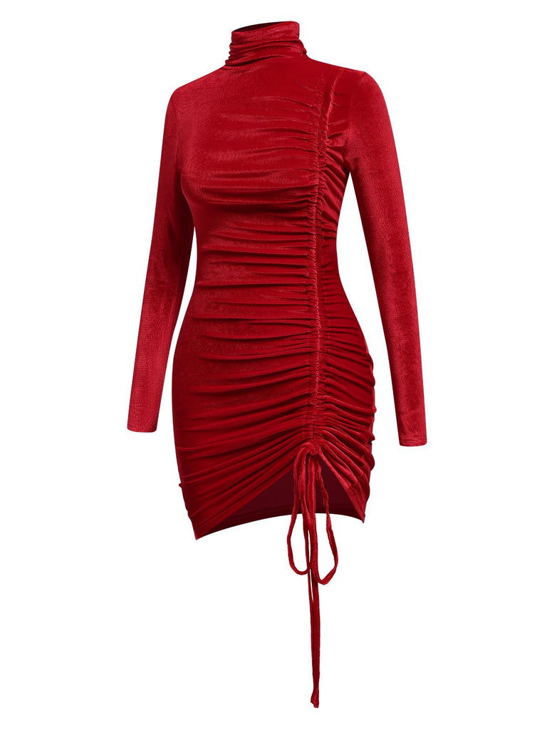 Red 1970s Solid Long Sleeves Velvet Dress, vintage dress, retro fashion - perfect for women who love vintage and retro fashion