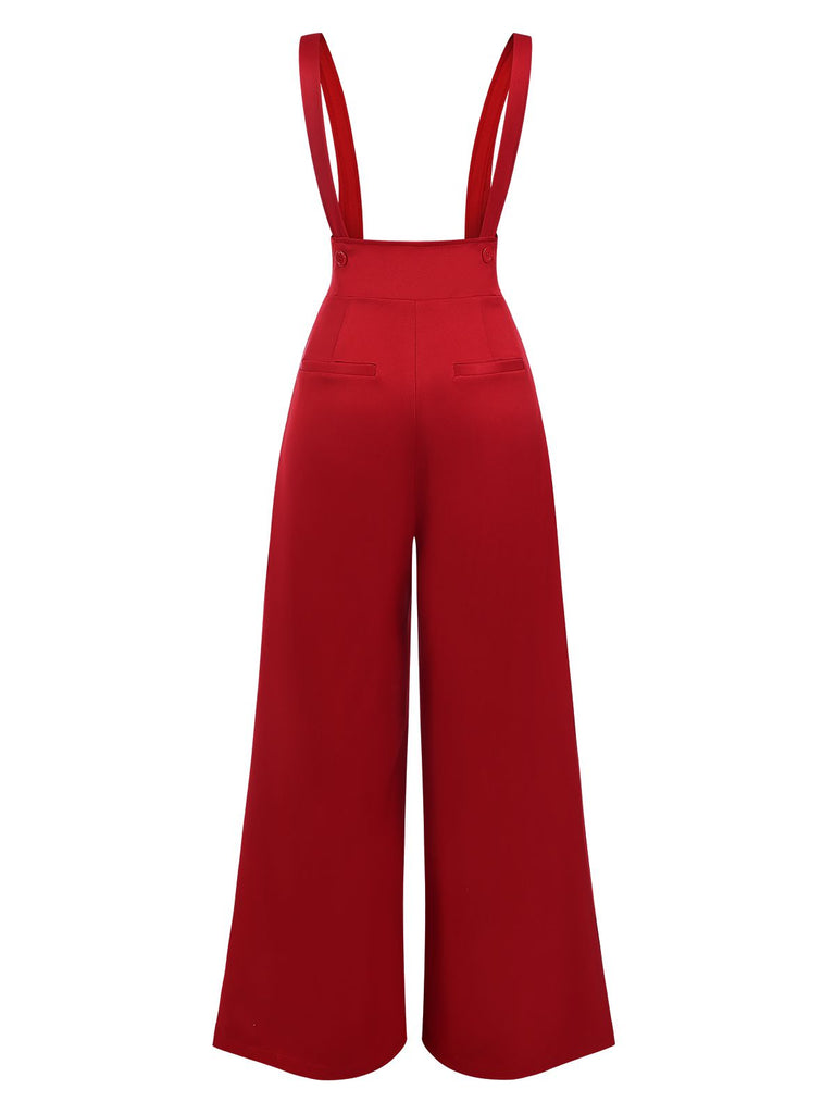 These Red 1970s Suspender Wide-Leg Solid Pants carry 1970s ambition in every seam