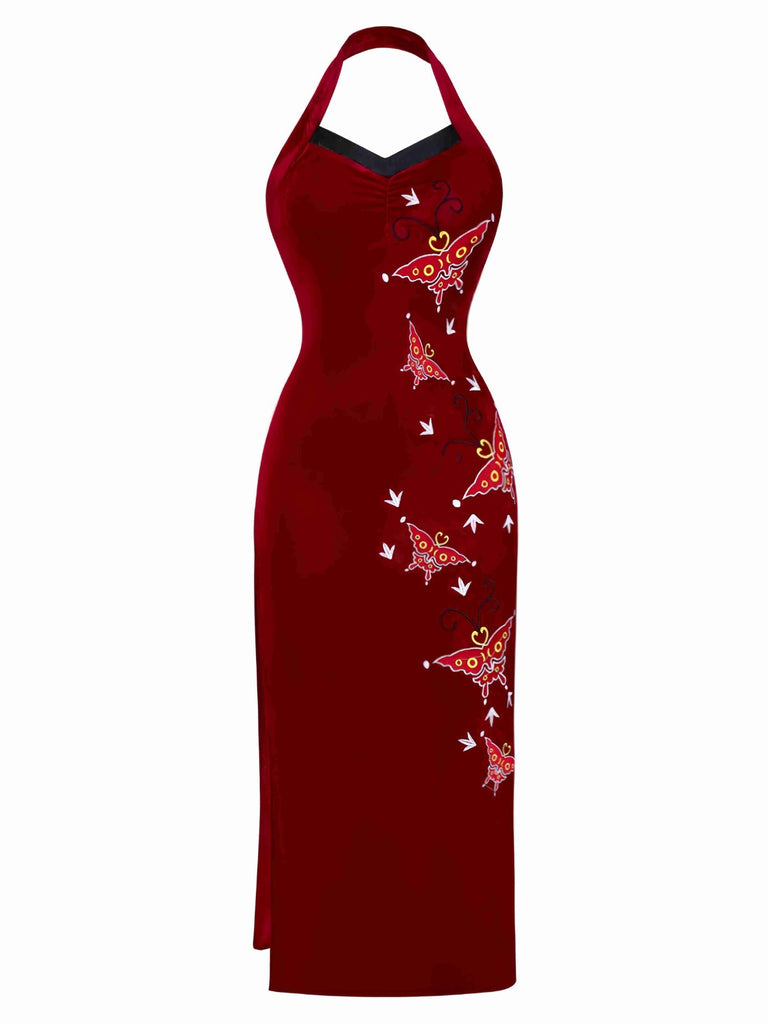 Red 1980s Ada-Wong Embroidered Butterfly Velvet Dress, vintage dress, retro fashion - perfect for women who love vintage and retro fashion