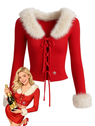 Red 1980s Detachable Fur Collar Tie Knit Cardigan - vintage fashion, retro style, elegant red